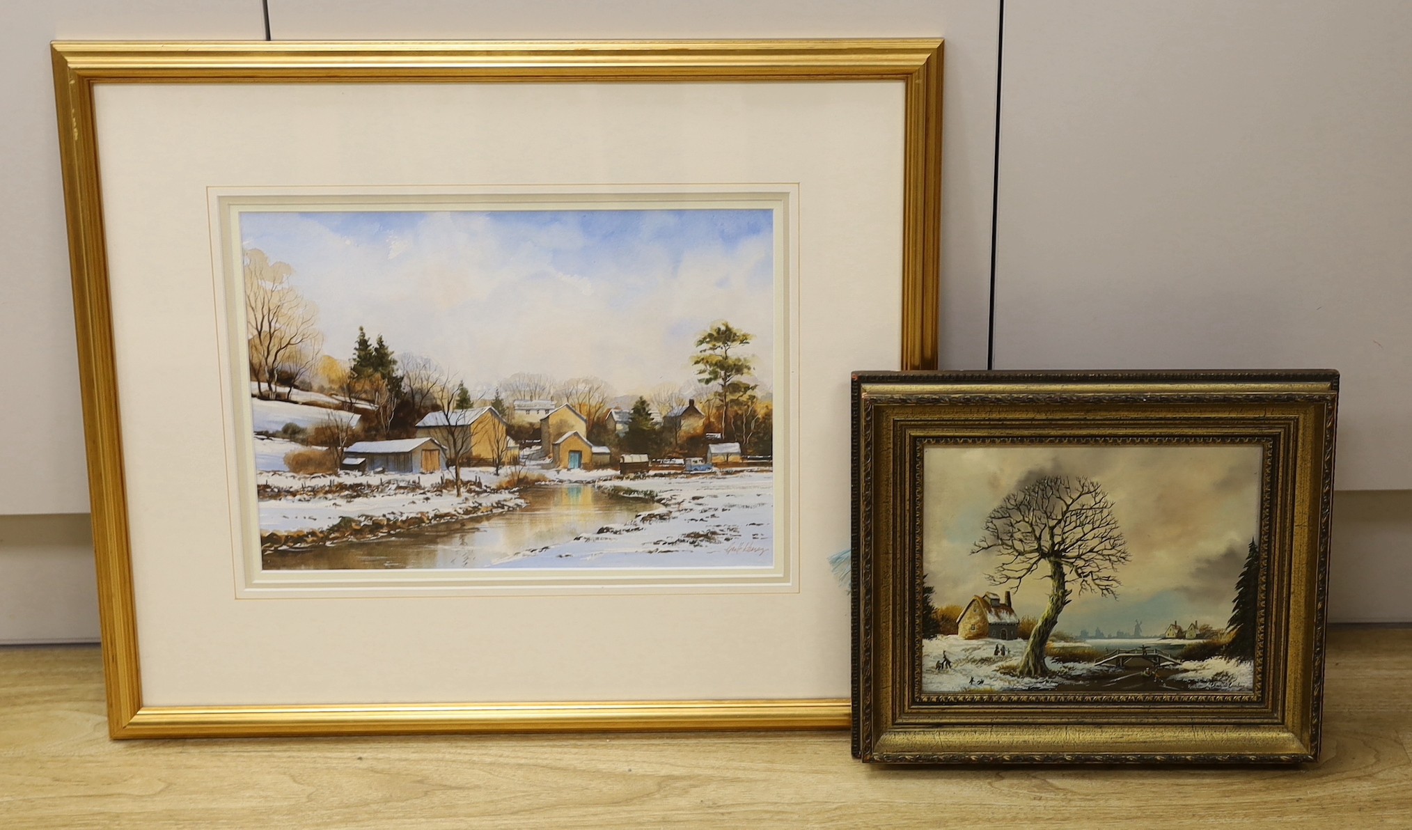 Geoff Kersey, watercolour, Winter in Bradford Dale, signed, 26 x 37cm, and a Charles Comber, oil on panel, Winter landscape, 19 x 23cm